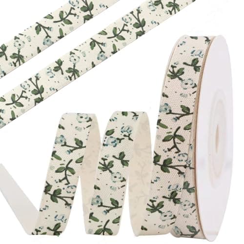anshome Blue Flower Cotton Ribbon, 5/8" x 10 Yards Spring Vintage Cream White Ribbons Soft Natural Fabric Ribbon for Home Décor Party Gift Wrapping