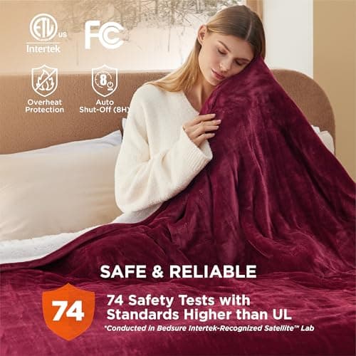 Bedsure Electric Blanket Queen Size - Dual Control Heated Blanket Queen, Fast Heating with 10 Time Settings & 10 Heat Settings, Warm Gift for Grandma (84x90 inches, Burgundy) 6