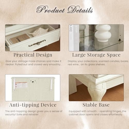 52" Lighted Accent Curio Cabinet, 3-Tier Antique Storage Cabinet with Tempered Glass Adjustable Shelves & Drawer, Acrylic Panel, Light Blub Included, China Display Case for Living Room (Antique White) 6