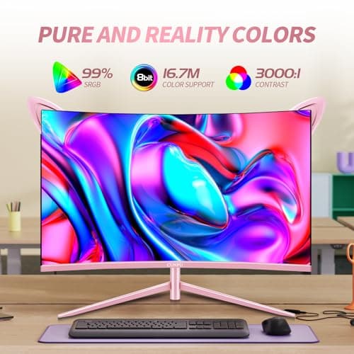 CUNPU Pink Computer Monitor, 27 inch 1440p 165Hz (Supports 144Hz) Kawaii Gaming Monitor, VA Panel 1500R Curved PC Monitor, Free-Sync, Built-in Speaker, Tilt Adjustment, DP/HDMI/USB 2