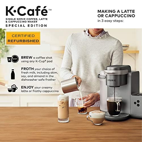 Keurig K-Cafe Special Edition Coffee Maker, Single Serve K-Cup Pod Coffee, Latte and Cappuccino Maker, Comes with Dishwasher Safe Milk Frother, Coffee Shot Capability, Nickel (Renewed) 5