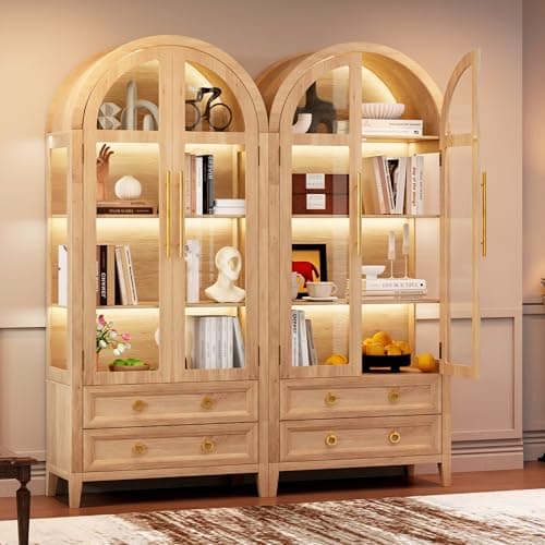 Vlsrka 71" Arched Curio Cabinet with Glass Doors, 4-Shelves Display Cabinet and 2 Drawers, Display Case with 3 Color Lights, Tall Bookcase, Kitchen Pantry, Wood Color 9
