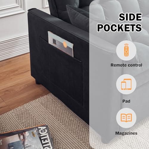 ECHINGLE Sleeper Sofa Bed, 3-in-1 Velvet Pull Out Couch with Armrests, Storage Pockets and 2 Pillows, Adjustable Backrest, Pull Out Sofa Bed Couch for Living Room, Bedroom(Black) 6