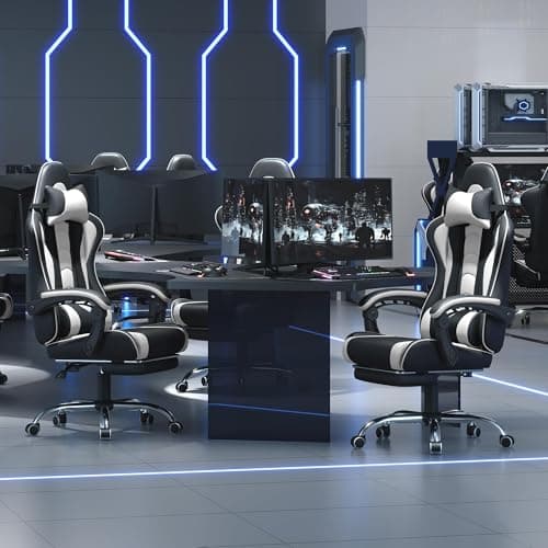Yaheetech Gaming Chair, Video Game Chair with Massage Lumbar Support and Footrest Height Adjustable Ergonomic Computer Gaming Chair with Swivel Seat and Headrest, Black/White 9