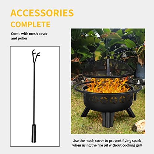 Hykolity 2 in 1 Fire Pit with Grill, Large 31" Wood Burning Fire Pit with Swivel Cooking Grate Outdoor Firepit for Backyard Bonfire Patio Outside Picnic BBQ, with Spark Cover, Fire Poker 6