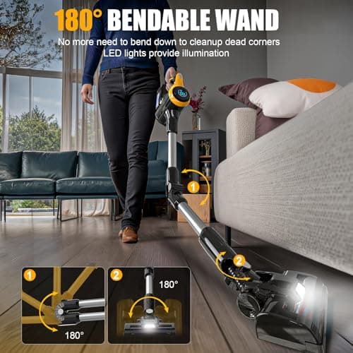 Ecarke Cordless Stick Vacuum Cleaner Compatible with DeWalt Battery, 350W Brushless Motor, 30KPa Suction, 6-in-1 180° Bendable Wand, Smart Screen 2x5AH Batteries & Charger – Hardwood Floors 4