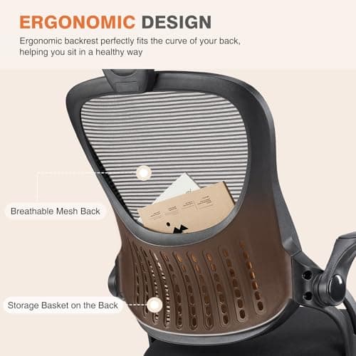 Sweetcrispy Home Office Desk Chair, Ergonomic High-Back Mesh Rolling Work Computer Chairs with Wheels and Adjustable Headrests, Comfortable Lumbar Support, Comfy Flip-up Arms for Bedroom, Study, Grey 6