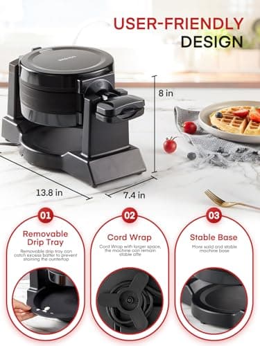Waffle Maker, 1400W Double Belgian Waffle Iron 180° Flip, 8 Slices in 3 Mins, Rotating & Nonstick Plates, Anti-Scald, Removable Drip Tray Easy to Clean, Cool Touch Handle, Space-Saving Storage(Black) 5