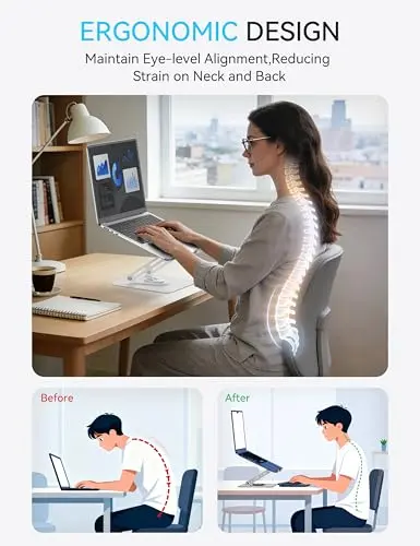 SOUNDANCE Laptop Stand with 360° Rotating Base, Ergonomic Computer Riser for Desk, Adjutable Height Muti-Angle, Foldable Laptop Mount, Stable Metal Holder Support 10-15.6" Notebook PC, White 5