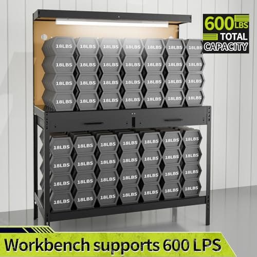 Work Bench, Workbench with Power Outlets and Light, A3 Steel Work Table with Drawers Pegboard, 600LBS Capacity Garage Workbench, Work Benches for Garage Workshop Basement 6