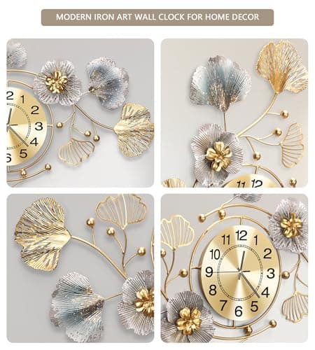 JXQXYN Clocks for Living Room, Large Wall Clock, 3D Silent Wall Clock, Retro Metal Ginkgo Leaf Design, for Bedroom Kitchen Decorative Wall Clocks（35''x20'' ） 6