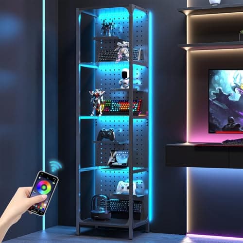 Saudism Glass Display Shelf for Collectibles, LED Black Shelf, Curio Cabinet, Lighted Tall Narrow Shelf with Pegboard Steel Frame for Gaming Room, Floor Lamp with Shelves, Living Room, Bedroom, Small