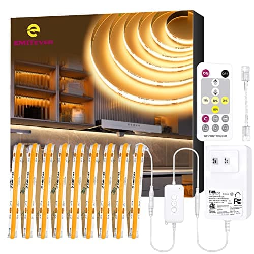EMITEVER LED Strip Light Warm White 3000K 16.4ft,24V DC COB Dimmable Tape Lights with RF Controller,Premium High Density Power Adapter,1600LEDs Suitable for Bedroom,Kitchen Cabinets,Indoor Use
