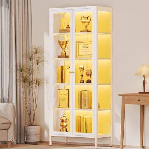 Lucky Monet 5-Tier Display Cabinet with 12 Color Lights & Glass Doors, 67" Lighted Curio Cabinet with Adjustable Shelves, Glass Metal Display Case for Collectibles Figures China (White) 6