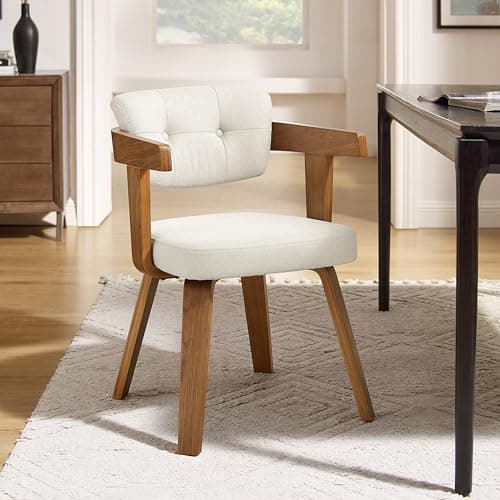 Art Leon Office Chair No Wheels - Mid Century Modern Desk Chair, Fabric Upholstered Accent Arm Chair with Wood Legs for Small Spaces Home Office Living Room Bedroom Study, Off White/Walnut