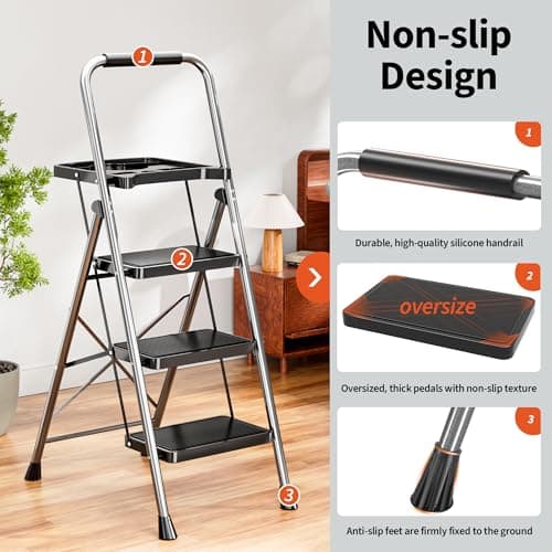 DIAMONDFORGE 3-Step Ladder Folding Step Stool with Tool Platform & Anti-Slip Wide Pedal, Heavy Duty Steel Construction, 600 lbs Capacity for Home & Office, Grey 5