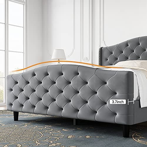 GAOMON Tufted Upholstered Platform Bed Frame with Raised Wing Back Headboard, Mattress Foundation and Wood Slat Support, No Box Spring Needed (Grey, Queen) 5