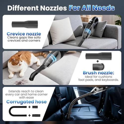 Loeeosu Handheld Vacuum Cordless Car Vacuum Cleaner 11000PA High Power Portable 1.4lbs Lightweight Rechargeable with 2 Filter Multi-Nozzles for Home Office Pet Hair Dust 5