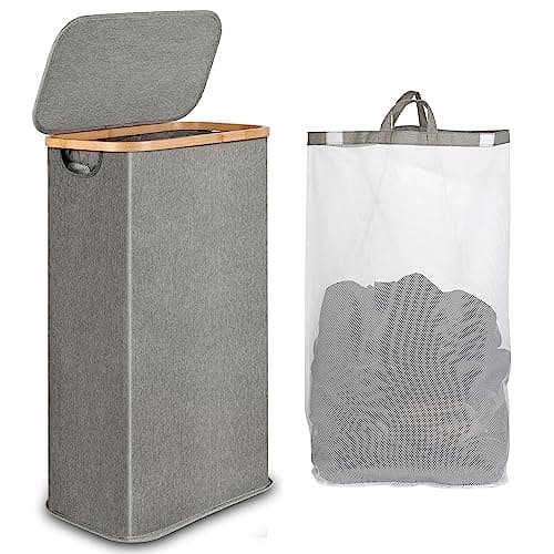 iEGrow 65L Slim Laundry Hamper, Narrow Laundry Basket with Lid,Foldable Clothes Hamper with Bamboo Handles,Hamper Basket with Removable Inner Bag for Laundry Room Bedroom College Dorm,17.17 Gals Grey