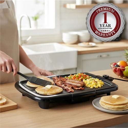 OVENTE Electric Griddle with 16 x 10 Inch Flat Non-Stick Cooking Surface, Removable and Adjustable Temperature Control, Indoor Grill for Instant Breakfast, Pancakes, Eggs or Burgers, Black GD1610B 10