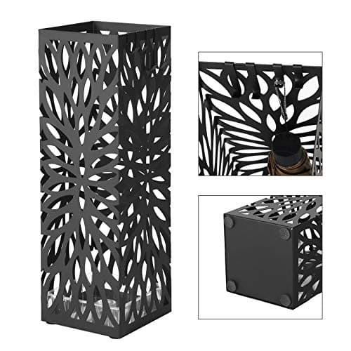 SONGMICS Umbrella Stand, Umbrella Holder for Entryway, Steel Square Umbrella Rack Organizer Freestanding, for Canes Walking Sticks, with a Detachable Drip Tray, 4 Hooks, Black ULUC48B 7