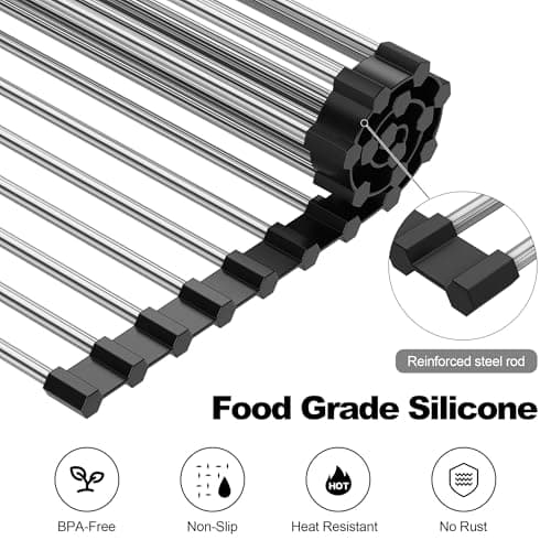 NEZUIBAN Dish Drying Rack with Roll Up and Over Sink for Kitchen,17.5"x15.7",Black 6