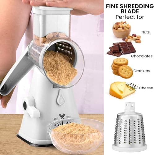 Zulay Kitchen Cheese Grater Hand Crank, Grater For Kitchen With Reinforced Suction - Rotary Cheese Grater With 3 Replaceable Stainless Steel Blades - Easy to Use & Clean - Vegetable Cutter - White 5