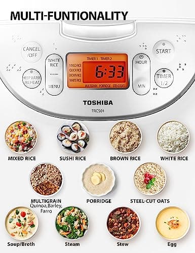 Toshiba Rice Cooker 6 Cup Uncooked – Japanese Rice Cooker with Fuzzy Logic Technology, 7 Cooking Functions, Digital Display, 2 Delay Timers and Auto Keep Warm, Non-Stick Inner Pot, White 4