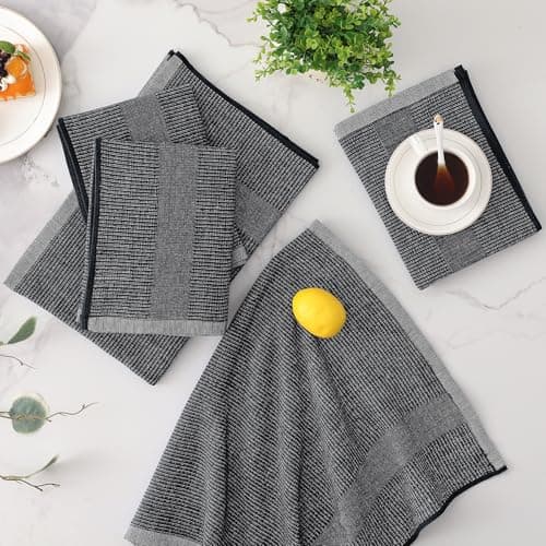 Mordimy Premium Kitchen Towels 6 Pack (18 x 28 Inches, Black), Large Cotton Kitchen Hand Towel, Flat & Terry Dish Towels for Drying Dishes, Super Absorbent Tea Dishtowels Set with Hanging Loop 8