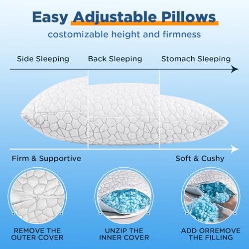 Cooling Pillow King Size Set of 2, Adjustable Bed Pillows for Sleeping, Luxury Shredded Memory Foam Pillows King 2 Pack,Adjustable Pillow for Side,Back,Stomach Sleepers,Soft Yet Supportive Firm Pillow 8