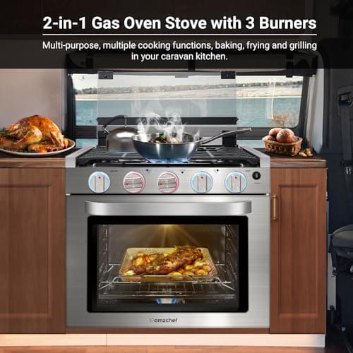 AMZCHEF RV Gas Range Stove 12V. Range Oven for RV Use with 3 Burners,Gas Oven, 28,100BTU, Open Flame Configuration, Knob work indicator, Heavy Duty Cast Iron Grates (Large 21 inch) 8
