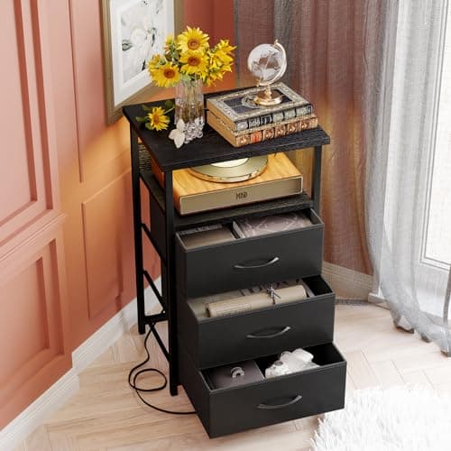 Fixwal Night Stand with Charging Station, LED Nightstand with U-S-B Ports and Outlets, 3 Fabric Storage Drawers with PU Finish, Bedside Table, Black 6