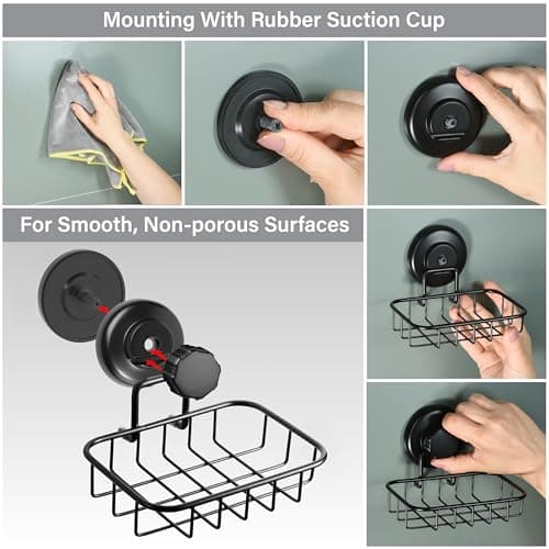 HASKO 2 Pack Suction Cup Soap Dish for Shower Wall, Rustproof Stainless Steel, Shower Soap Holder with Hooks, Includes Optional No Drill Adhesive Mount for Bathroom, 2 Soap Savers, Black 5