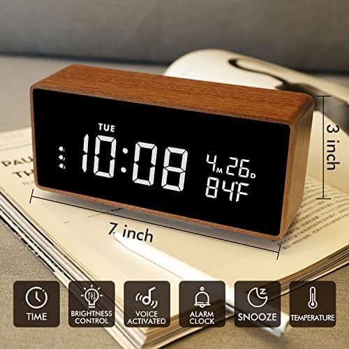 SCOAGE Wooden Digital Alarm Clock with Bluetooth Speaker Temperature Date Smart Electric Digital Bedside Clocks Night Light Table Snooze Large Display Alarm Clock Decor for Desk Bedroom Kid' s Room 5