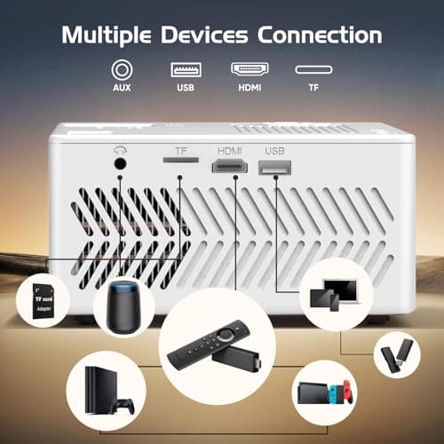 TMY Native 1080P Projector with WiFi and Bluetooth, Outdoor Movie Projector with Sreen, Compatible with Smartphone, HDMI, USB, PC, DVD, Fire Stick, PS5 for Home, Bedroom, Outdoor Use, white 6