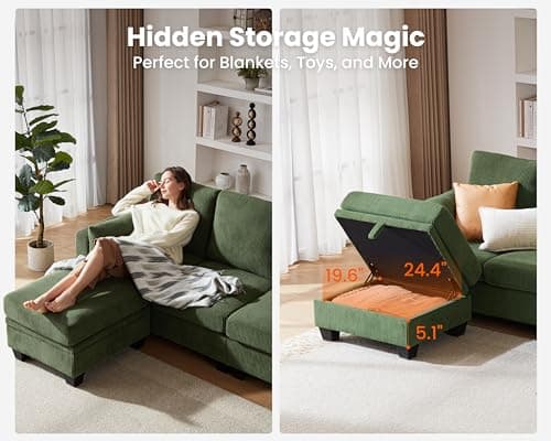 CHIC HOUSE Corduroy Modular Sectional Couch with Ottoman Chaise, L/U Shaped Sleeper Sofa for Living Room, Apartment, Lounge, Modern Armrest Neck Support Furniture (6 Seater Compact Sleeper, Green) 5