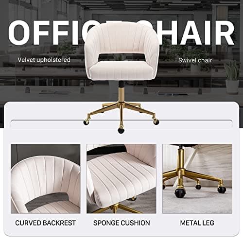 Home Office Chair Swivel Velvet Desk Chair Accent Armchair Upholstered Modern Tufted Chairs with Gold Base for Girls Women Ergonomic Study Seat Computer Task Stools for Living Room(Cream) 8