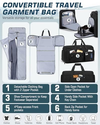 RAINSMORE Convertible Garment Bags for Travel, 45L Garment Duffle bag for Hanging Clothes, 3 in 1 Suit Travel Bag for Business Trips with Shoulder Strap, Carry On Suit Luggage for Men Women, Black 4