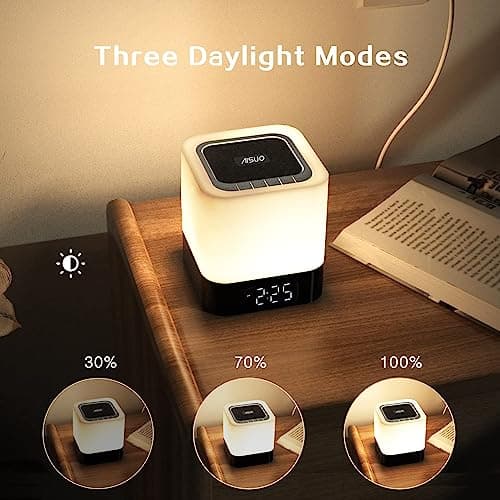 Aisuo Night Light-5 in 1 Bedside Lamp with Bluetooth Speaker, 12/24H Digital Calendar Alarm Clock, Touch Control, Support TF and SD Card, Music Player, Gift for Girls Boys Teens,Warm White 7
