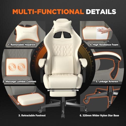 Ferghana Vintage PU Leather Gaming Chair - High Back Massage, Ergonomic Computer Office Chair with Footrest - Racing Style Reclining Beige Gaming Seat 7