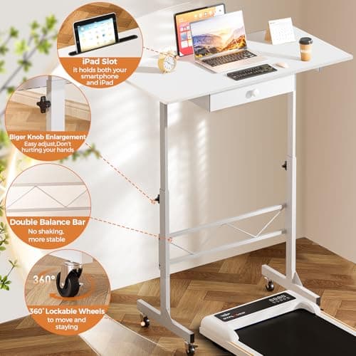 GTPLAYER Small Standing Desk Adjustable Height Small Computer Desk Mobile Portable Rolling Laptop Table with Wheels 32" Computer Workstation Sit Stand Desks Portable Standing Table Treadmill desks 5