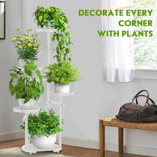 TOSKING 5-Tier Metal Plant Stand, Anti-Tip Round Base for Pots, Child & Pet Friendly, Space Saving Corner Shelf Flower Pot for Indoor Outdoor Use, Living Room Balcony Patio Garden (White, 38in) 7