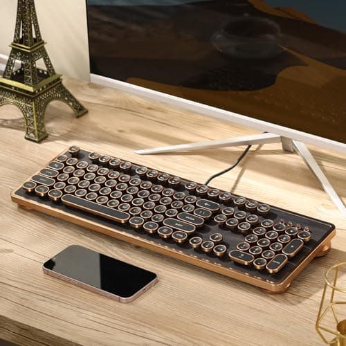 GLENCREAG RK104 Retro Mechanical Keyboard, Wired Full-Size 104 Keys with Typewriter Round Keycaps, Wooden Grain, N-Key Rollover, Green Linear Switches, Ideal for Retro Lovers 6
