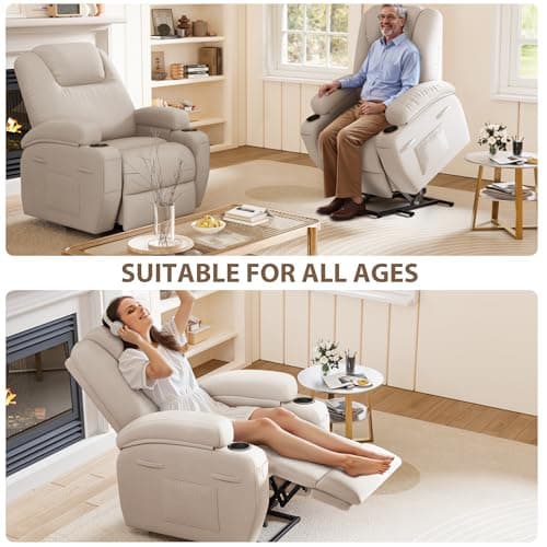 Power Lift Recliner Chair with Massage Ergonomic Recliner Chair for Elderly People, Single Sofa with Cup Holders, Side Pockets (Fabric, Beige) 8