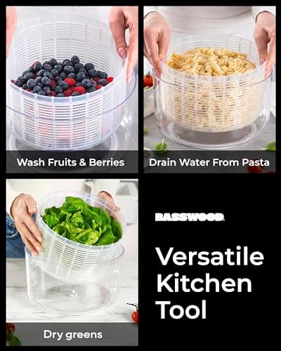 BASSWOOD Pump Salad Spinner with Bowl and Colander - Quick and Easy Multi-Use Lettuce Spinner, Vegetable Dryer, Fruit Washer, Pasta and Fries Spinner - 4.7 Qt 6