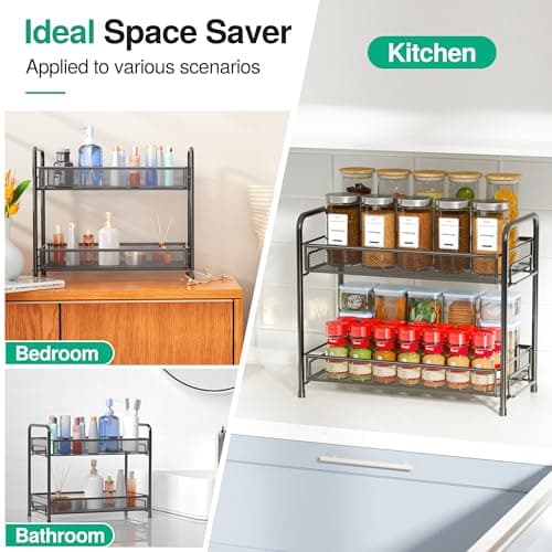 Spice Rack Organizer for Countertop,Xpatee 2-Tier Foldable Metal Rust-Proof Standing Large Seasoning Storage Shelf with Guardrail and Mesh Design for Kitchen Cabinet Bathroom Living Room Pantry, Black 7