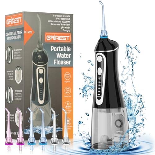 Water Dental Flosser Pick for Teeth,Grinest Cordless Water Dental pik Teeth Cleaner 7 Modes Rechargeable Oral Irrigator Portable IPX7 Waterproof Tooth flossing Cleaning for Home Travel-Black