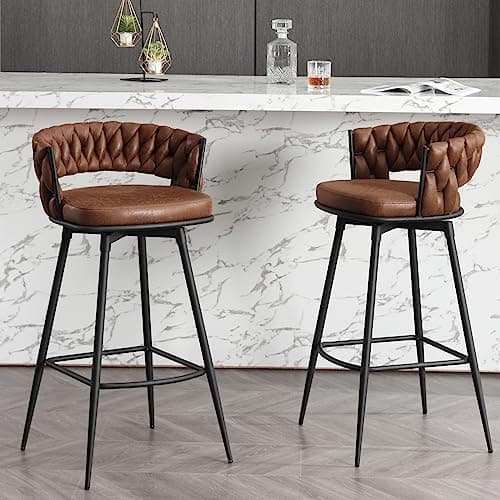 BFZ Modern Bar Stools Set of 2, 30" Bar Height Barstools, 180° Swivel Suede Fabric Stool Chairs with Woven Back and Footrest for Kitchen Island, Cafe, Pub, Bar Counter