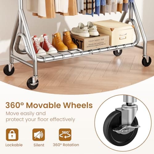 JIEJIERUI Heavy Duty Clothes Rack for Hanging Clothes, Double Rods Clothing Rack with Lockable Wheels, Rolling Garment Racks with Shelf, Easy to Assemble, Silver 5