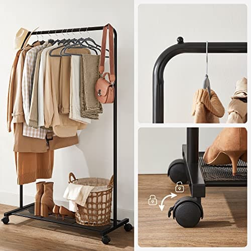 SONGMICS Clothes Rack with Wheels, Clothing Rack for Hanging Clothes, 25.4 mm Metal Garment Rack with Dense Mesh Storage Shelf, 110 lb Load Capacity, 2 Brakes, Black UHSR25BK 8